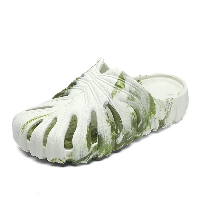 Monstera Palm Leaf Men’s Slippers – Non-Slip, Tropical Summer Flip-Flops - White, 44-45