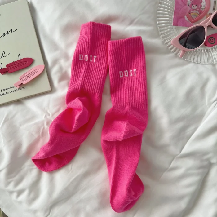 Pink Sports Socks - Spring/Autumn Cotton Style with Letter Detail
