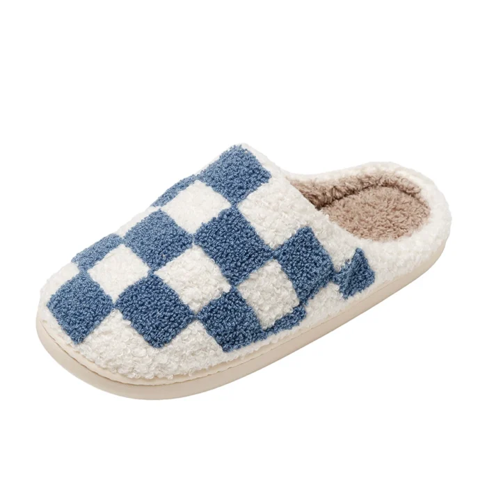 Retro Chic: Fuzzy Checker Embroidery Slippers