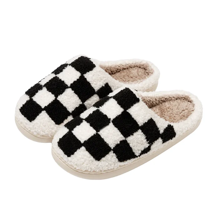 Retro Chic: Fuzzy Checker Embroidery Slippers