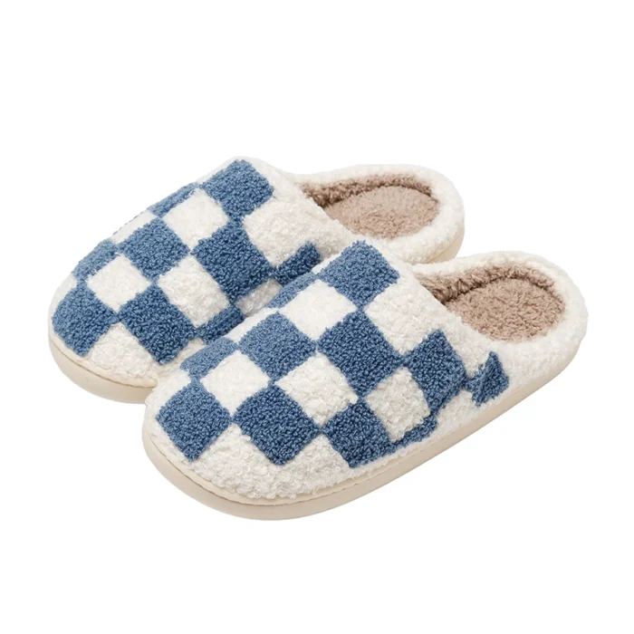 Retro Chic: Fuzzy Checker Embroidery Slippers