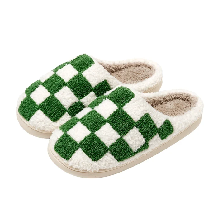 Retro Chic: Fuzzy Checker Embroidery Slippers