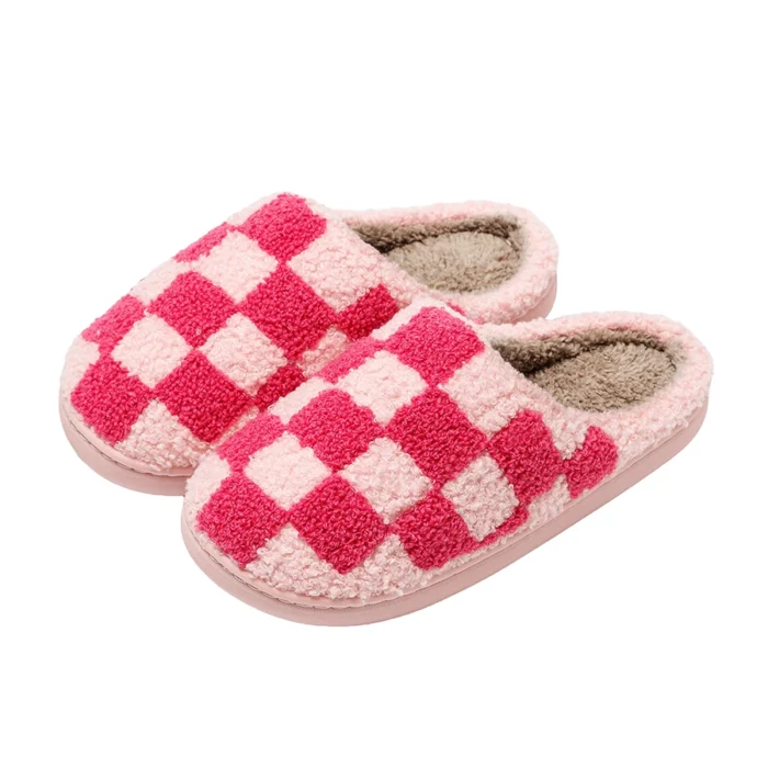 Retro Chic: Fuzzy Checker Embroidery Slippers