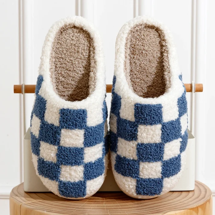 Retro Chic: Fuzzy Checker Embroidery Slippers