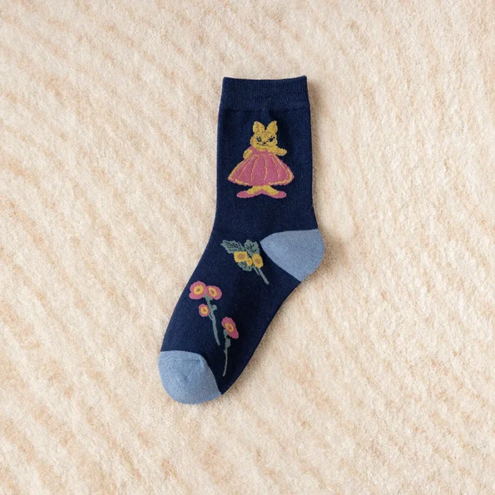 Retro Embroidery Rabbit Striped Tube Socks - Japanese Cute, Autumn Style