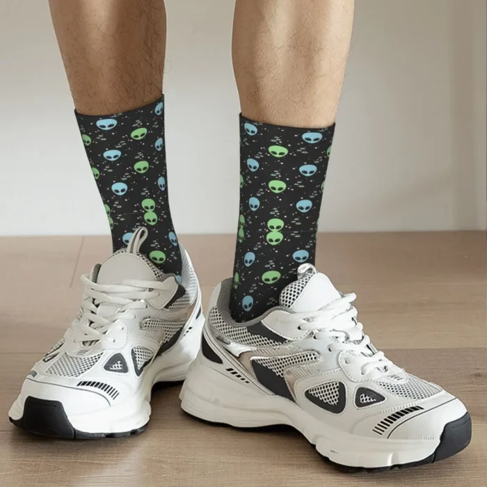 Retro Green & Blue Alien Heads with UFOs Socks - Hip Hop Style, Unisex Harajuku Print, Perfect Novelty Gift