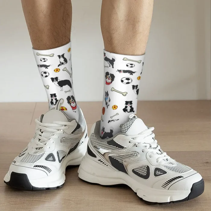 Retro Playtime Border Collie Men's Socks - Unisex Hip Hop Patterned Crazy Crew Socks, Ideal Gift