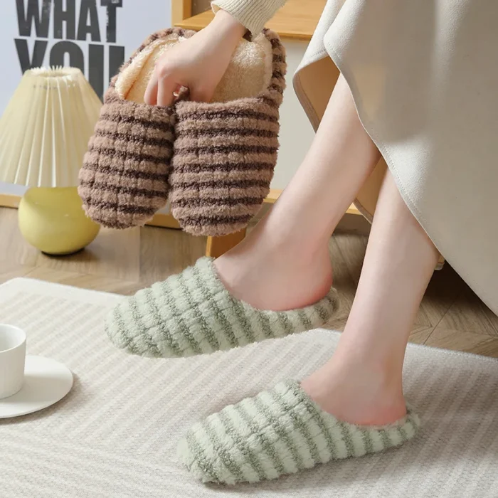 Silent Comfort: Striped Warm Floor Slippers for Couples and Visitors