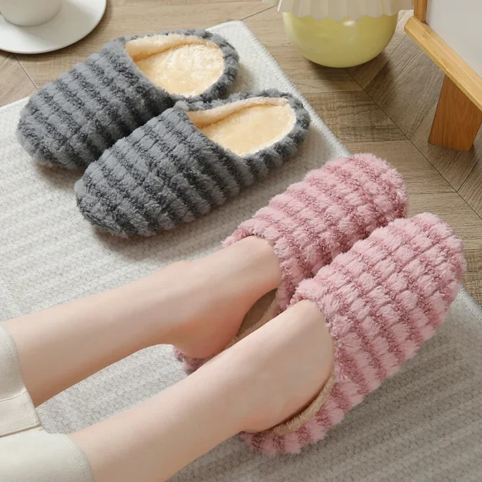 Silent Comfort: Striped Warm Floor Slippers for Couples and Visitors