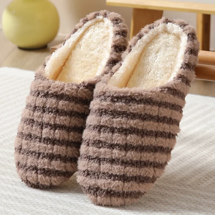 Silent Comfort: Striped Warm Floor Slippers for Couples and Visitors