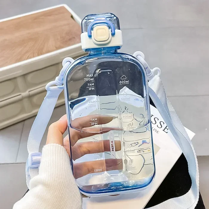 Sleek Adventure: Flat Square Transparent Water Bottle with Strap for Travel and Sports