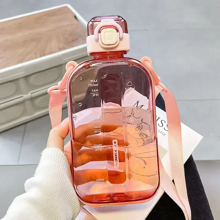 Sleek Adventure: Flat Square Transparent Water Bottle with Strap for Travel and Sports