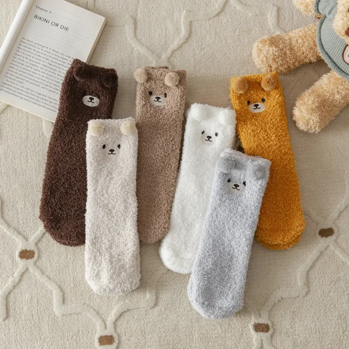 Snuggle Bear: Women's Cute Coral Fleece Bear Socks for Winter Warmth