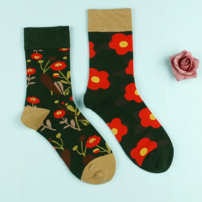 Spring/Autumn Women's Asymmetric AB Socks - Floral Cartoon Tide with Letter