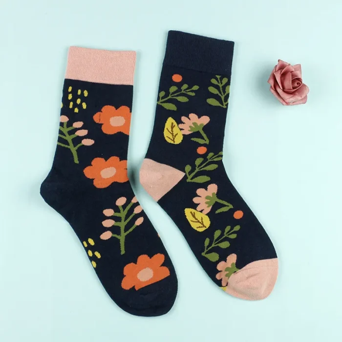 Spring/Autumn Women's Asymmetric AB Socks - Floral Cartoon Tide with Letter