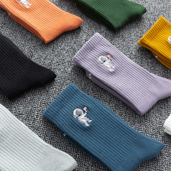 Stellar Embroidered Astronaut Socks - Unisex Cotton Comfort for Couples