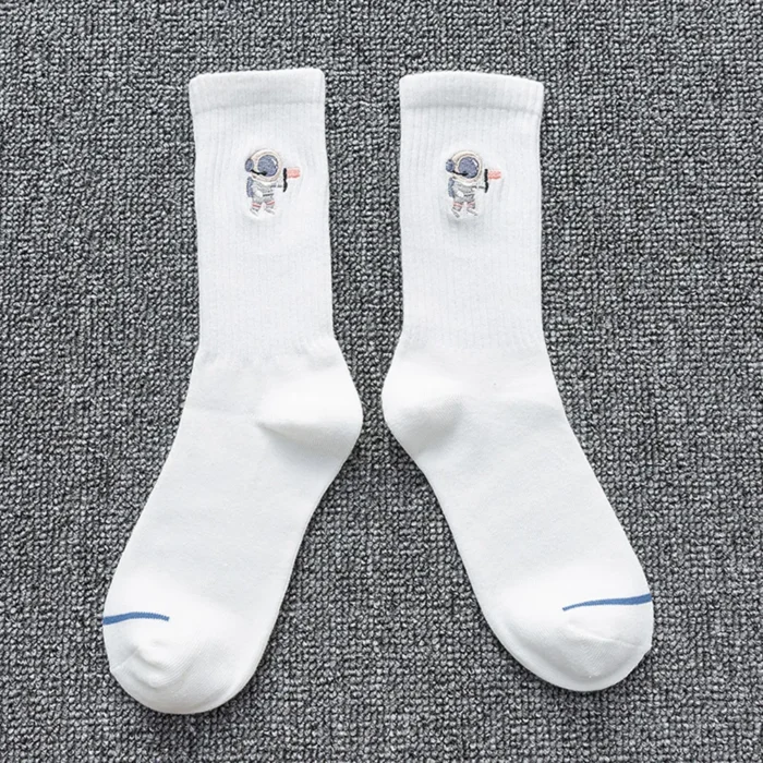 Stellar Embroidered Astronaut Socks - Unisex Cotton Comfort for Couples