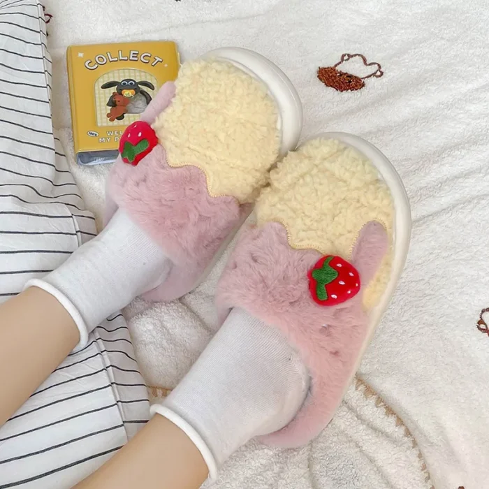 Strawberry Snuggle: Winter Warm Couples Fluffy Slides for Indoor Comfort