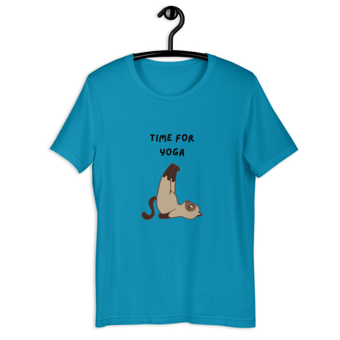 Stretch in Style: Cute Cat ‘Time to Yoga’ T-Shirt - Aqua, 2XL