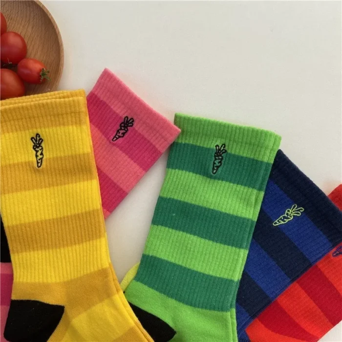 Stripe Carrot Embroidery Socks - Unisex Air Movement Fashion