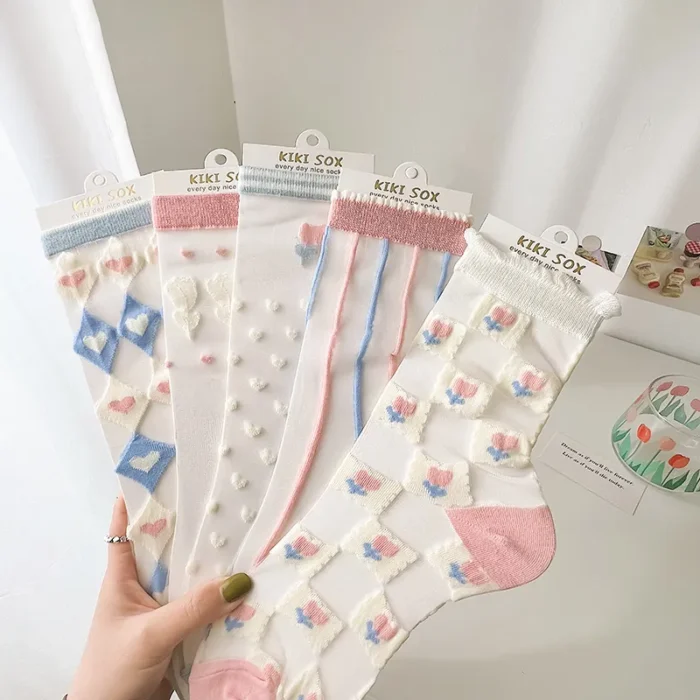 Summer Chic: Mesh Fishnet Transparent Crew Socks - Harajuku Streetwear Crystal Silk Style