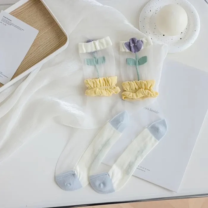 Summer Chic: Ultra-Thin Transparent Crystal Silk Socks - Harajuku-Inspired Retro Flower Design