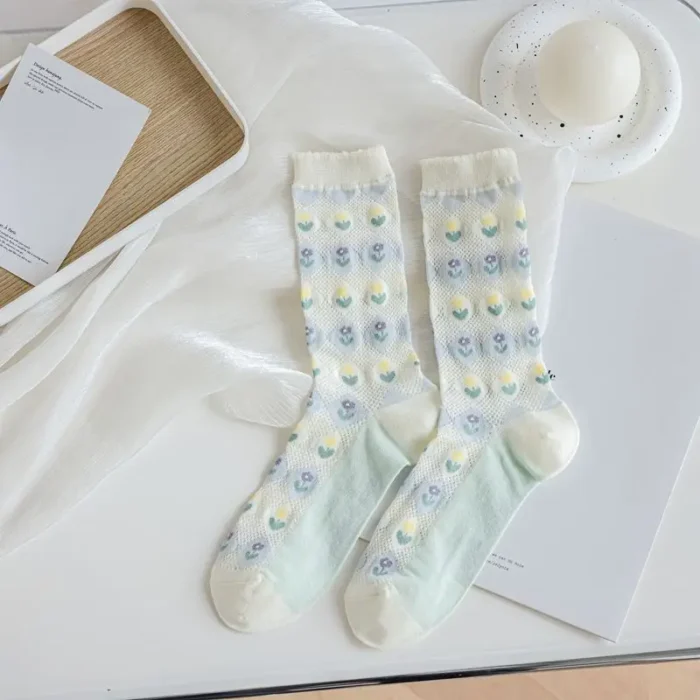 Summer Chic: Ultra-Thin Transparent Crystal Silk Socks - Harajuku-Inspired Retro Flower Design