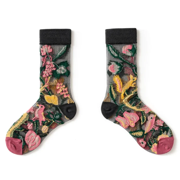 Summer Crystal Silk Tulle Socks - Retro Mesh with Floral & Animal Designs