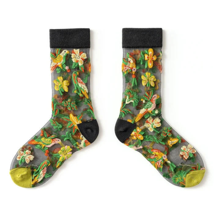 Summer Crystal Silk Tulle Socks - Retro Mesh with Floral & Animal Designs