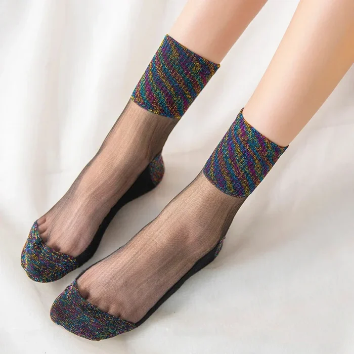"Summer Elegance: Glitter Silk Thin Socks with Lace Mesh - Women's Shiny Transparent Ankle Socks