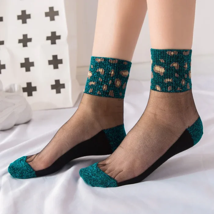 "Summer Elegance: Glitter Silk Thin Socks with Lace Mesh - Women's Shiny Transparent Ankle Socks