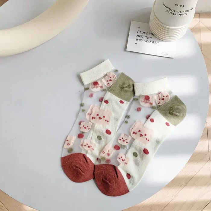 Sweet Little Flower Bear Boat Socks - Japanese Harajuku Style Transparent Thin Socks