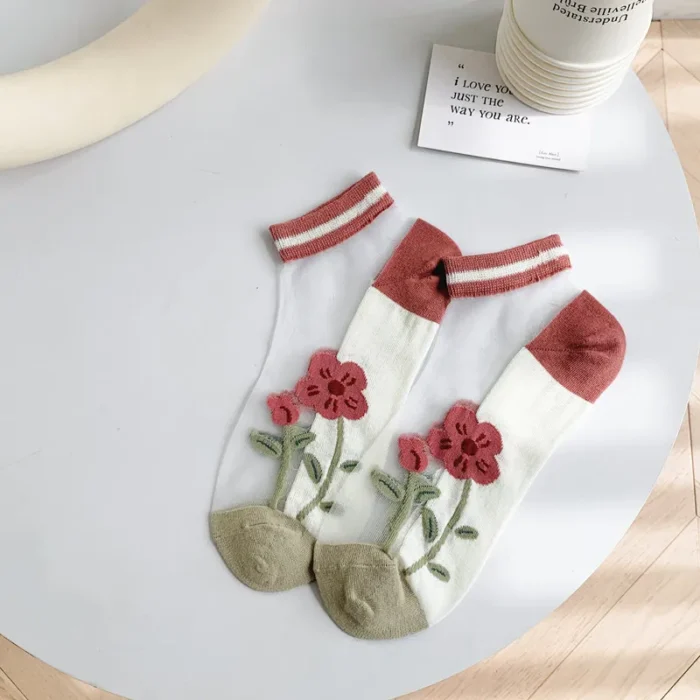 Sweet Little Flower Bear Boat Socks - Japanese Harajuku Style Transparent Thin Socks