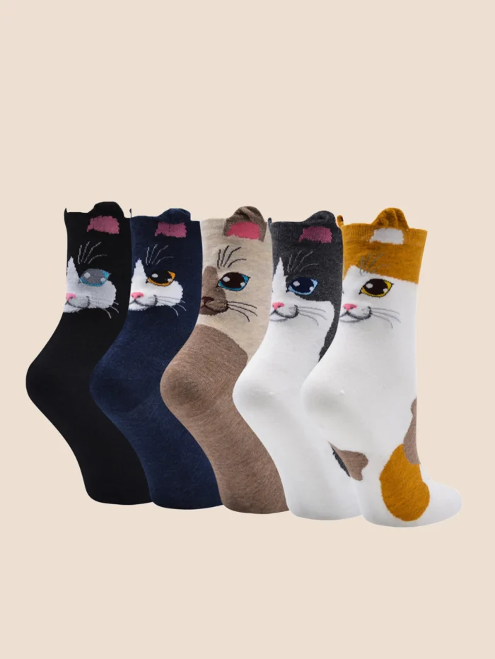Three-Dimensional Cat Ear Socks &#8211; 5 Pairs of Fashionable Cotton Animal Ear Tube Socks for Men and Women -