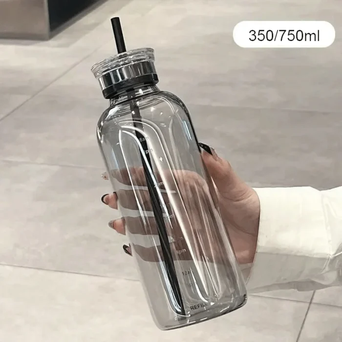 Time-Scale Hydration: 750/350ml Glass Water Bottles with Straw & Lid