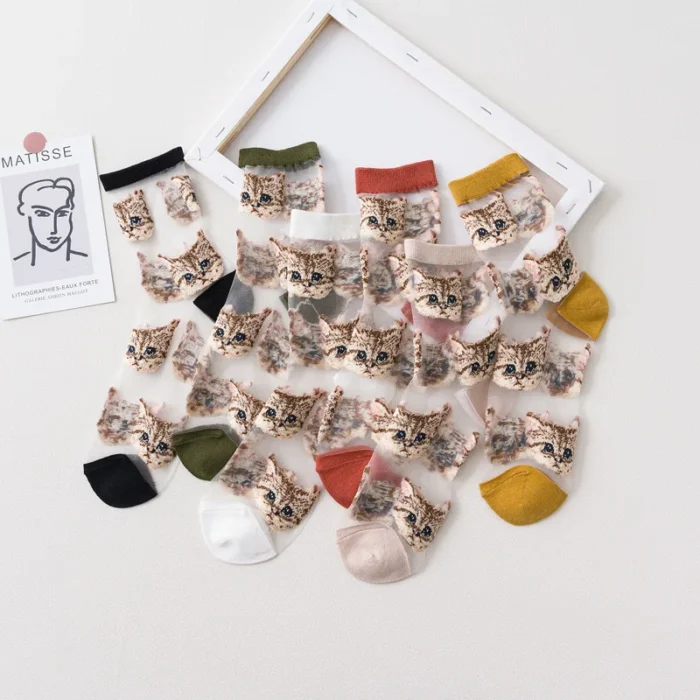 Transparent Cat Crystal Silk Socks - Korean Fashion, Summer Thin