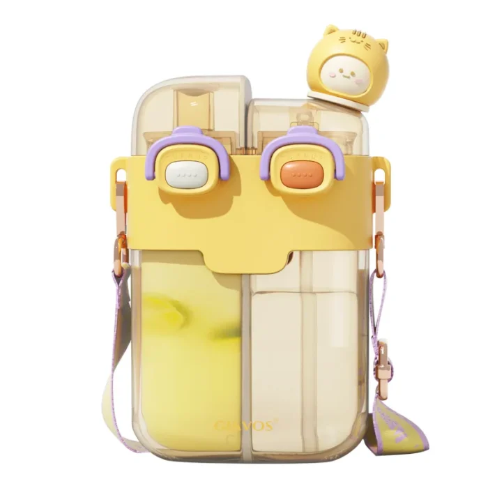 TwiceAsNice Kawaii Flat Water Bottles – Cute, Double-Sided Design - Yellow, 780ml