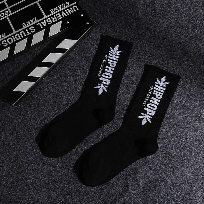 Urban Edge: Black & White Lettered Leaf Skateboard Socks