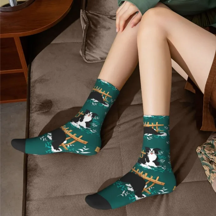 Vintage Playing With Sheep Men's Socks - Border Collie Dog Seamless Print, Unisex Street Style Crew Socks, Perfect Gift