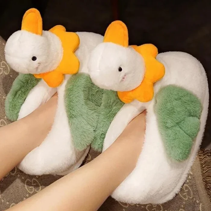 Whimsy Walk: Cute Duck Modeling White Plush Slippers for Women