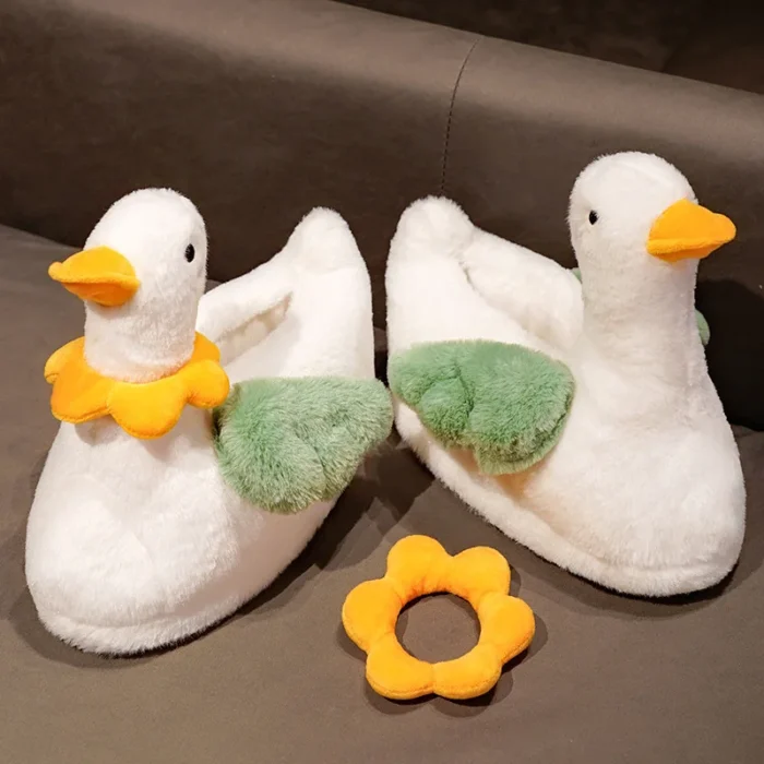 Whimsy Walk: Cute Duck Modeling White Plush Slippers for Women
