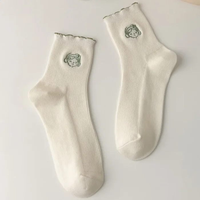 White Frilly Cartoon Avatar Embroidery Socks - Kawaii Harajuku Style
