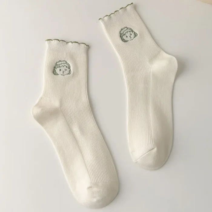 White Frilly Cartoon Avatar Embroidery Socks - Kawaii Harajuku Style
