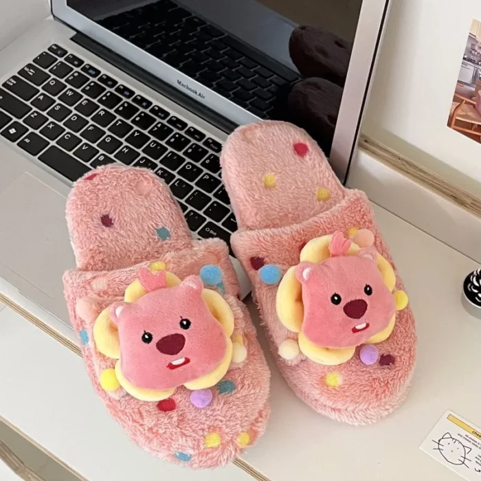 Winter Bliss: Cute Beaver Loopy Cotton Slippers with Bag Heel