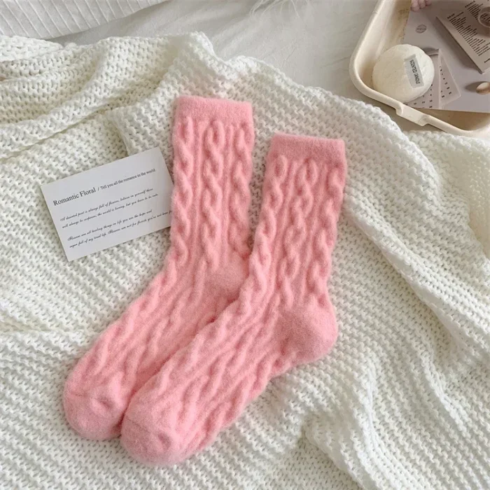 Winter Warmth: Japanese Arctic Velvet Medium Tube Socks with Solid Color Twists