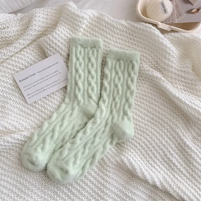 Winter Warmth: Japanese Arctic Velvet Medium Tube Socks with Solid Color Twists