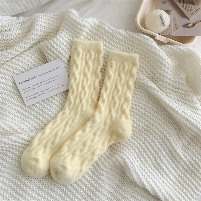 Winter Warmth: Japanese Arctic Velvet Medium Tube Socks with Solid Color Twists