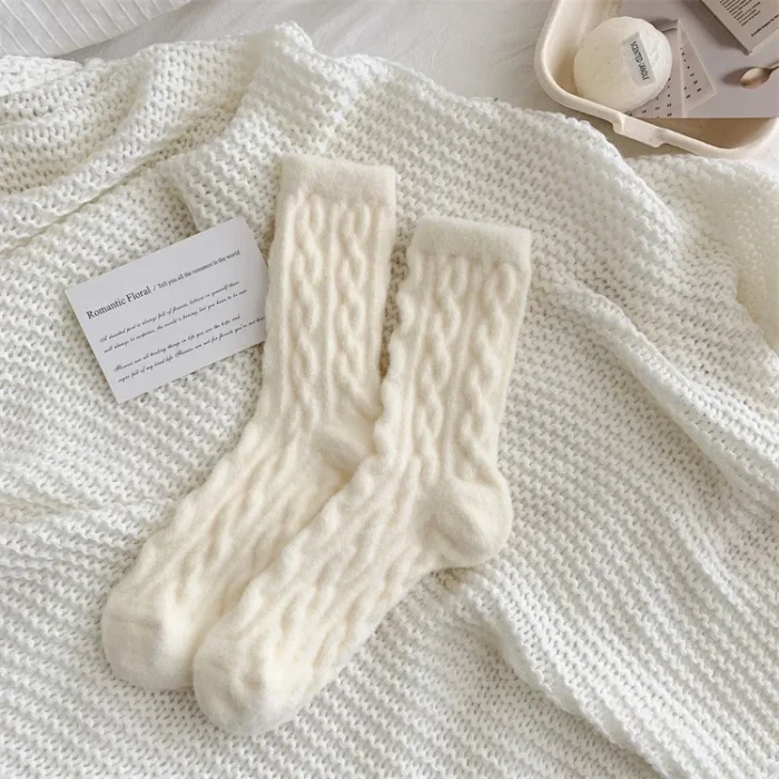 Winter Warmth: Japanese Arctic Velvet Medium Tube Socks with Solid Color Twists