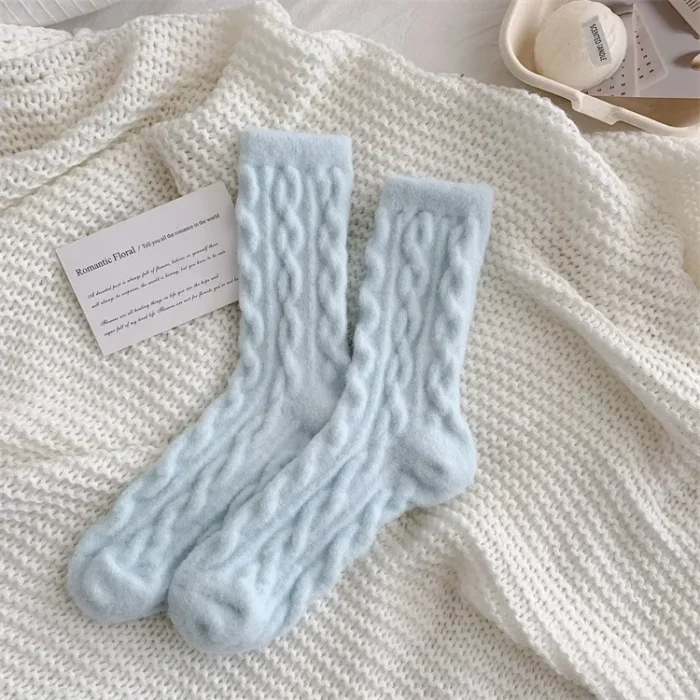 Winter Warmth: Japanese Arctic Velvet Medium Tube Socks with Solid Color Twists