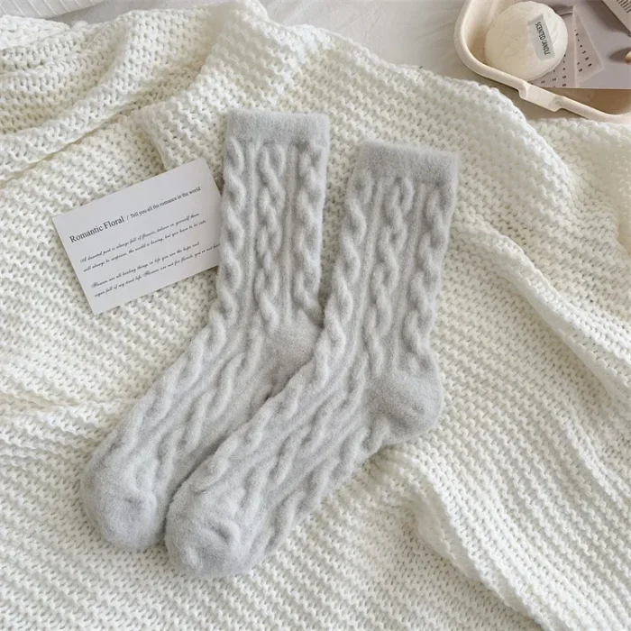 Winter Warmth: Japanese Arctic Velvet Medium Tube Socks with Solid Color Twists